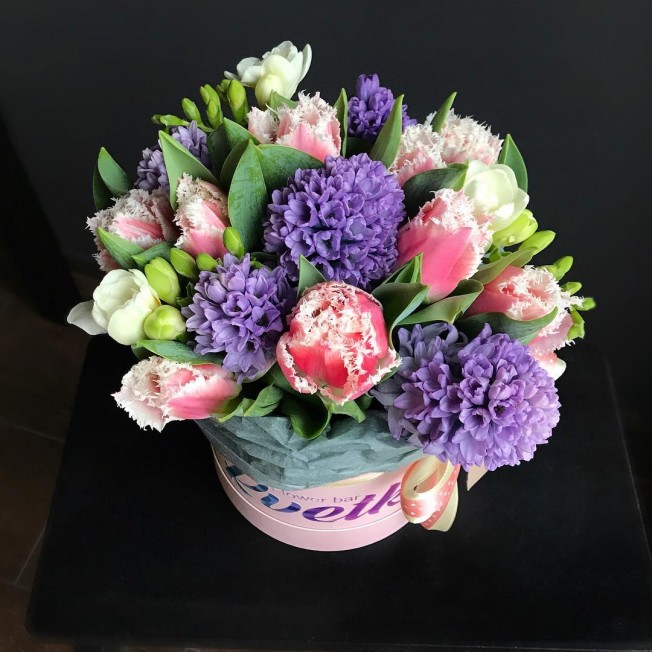 Flowers in a box №58 - peony tulips, hyacinths, freesia